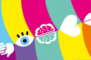 Das Bild zeigt ein buntes, abstraktes Design mit geschwungenen, farbigen Streifen. Es enthält ein stilisiertes Auge, ein Gehirn, eine Hand und ein Herz, die zusammen Aspekte wie Wahrnehmung, Denken und Emotionen symbolisieren.
