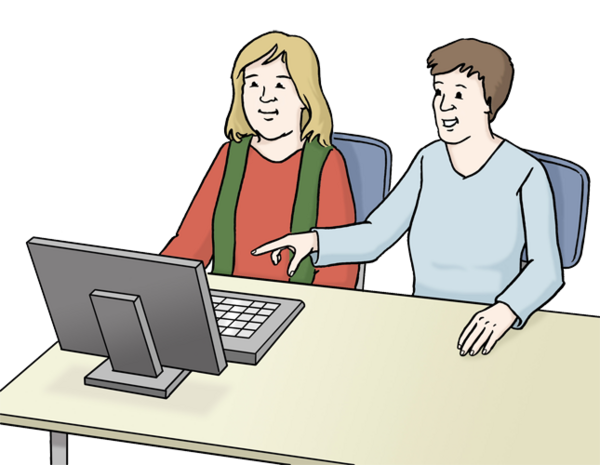 Zwei Personen schauen auf einen Computer