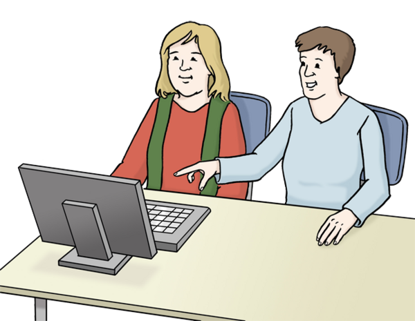 Stilisierte Darstellung von zwei Personen, die auf einen Computer schauen