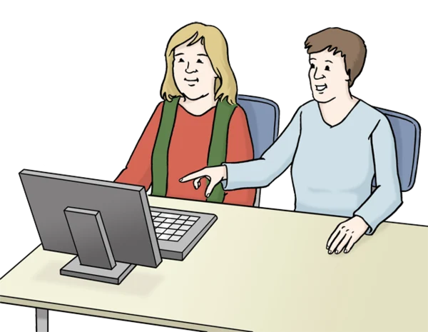 Stilisierte Darstellung von zwei Personen, die auf einen Computer schauen