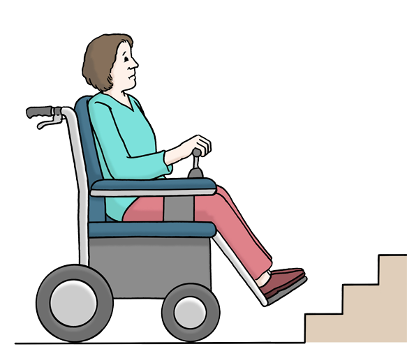 Stilisierte Darstellung einer Rollstuhlfahrerin, die eine Barriere (Treppe) überwinden möchte.