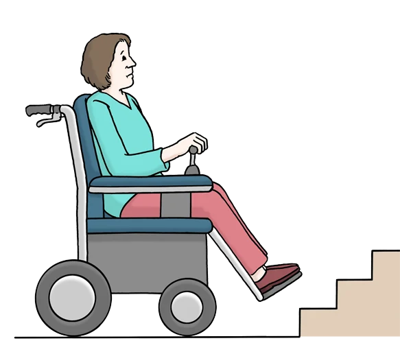 Stilisierte Darstellung einer Rollstuhlfahrerin, die eine Barriere (Treppe) überwinden möchte.