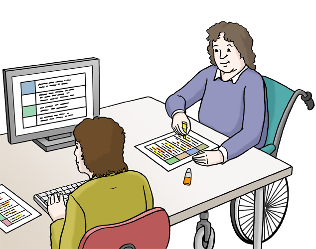 Mensch mit Lern-Schwierigkeit im Rollstuhl liest Texte